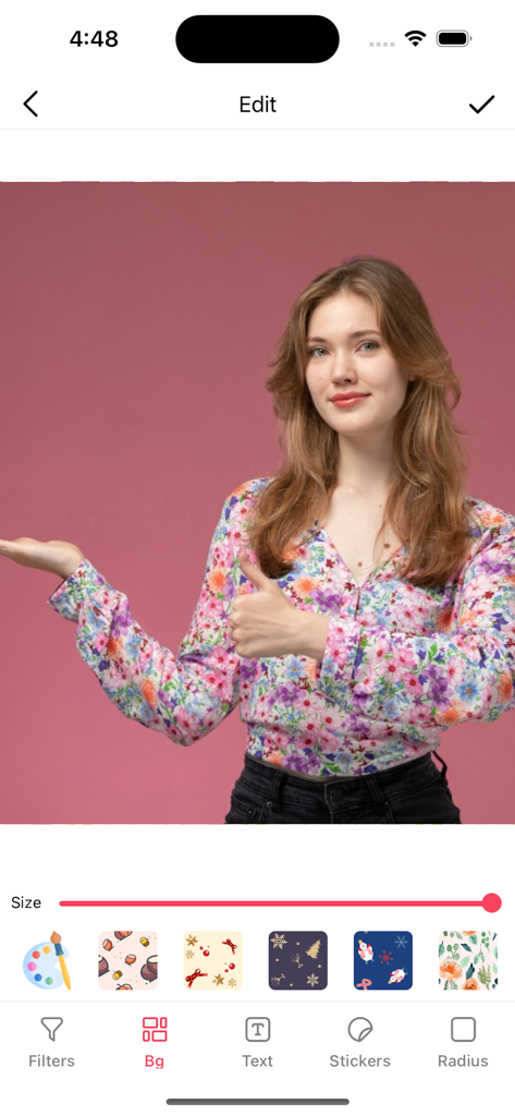 Beauty Camera- AI Photo Editor - Interface of Beauty Camera app showing background editing options and pattern selections