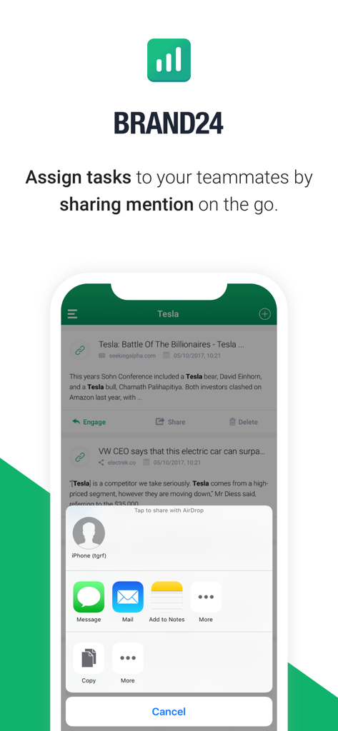 Interface do aplicativo Brand24 mostrando a opção de compartilhar e atribuir menções de mídia a membros da equipe no celular.