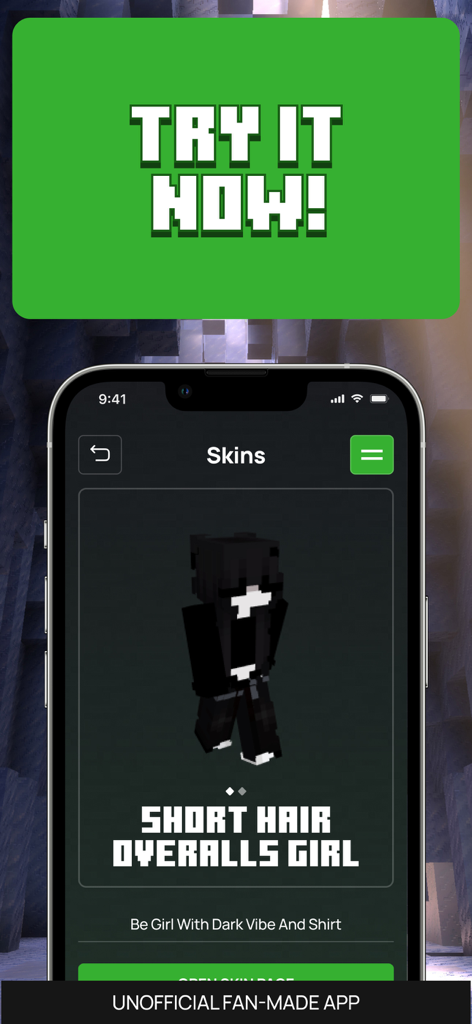 App interface showing a preview of a character skin for Minecraft PE