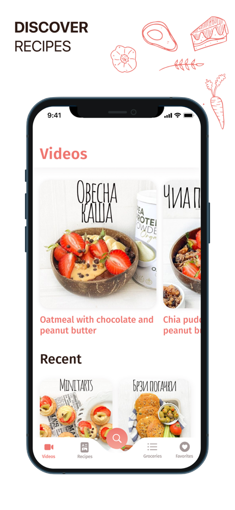 Martina's Cooking - Martina's Cooking mobile app screen showing a gallery of video recipes including oatmeal and mini tarts