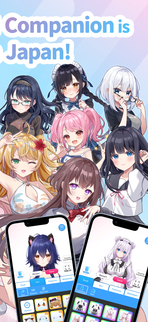 Aimy: Anime-Style AI Chat - 様々なアニメキャラクターデザインと、2台のスマートフォンに表示されたカスタマイズインターフェースを示すAimyアプリ