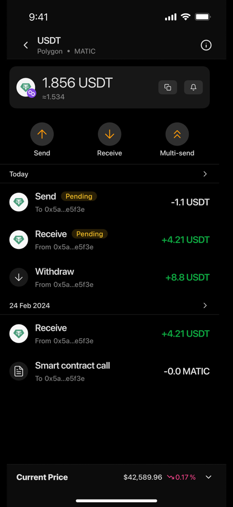 Unich Wallet - Historial de transacciones de USDT en la red Polygon dentro de la interfaz de la app Unich Wallet.