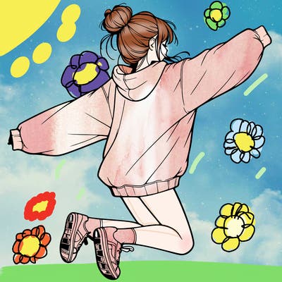 realistic girl jumping with a bun and oversized sweatshirt