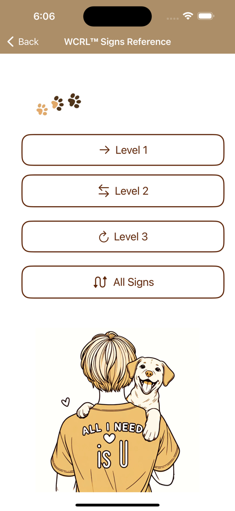 WCRL® Rally Dog Obedience - Menu for WCRL Rally Dog Obedience signs reference organized by levels