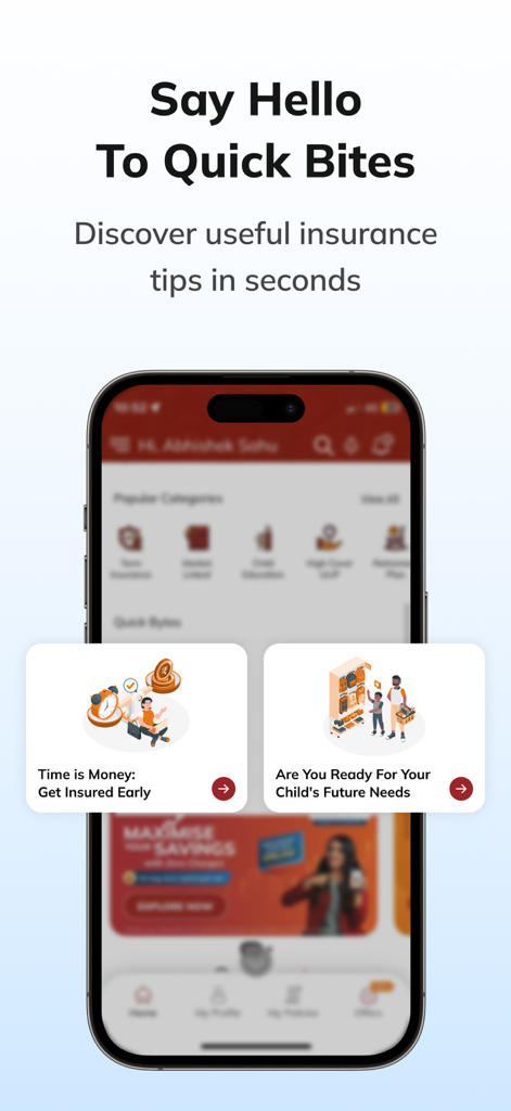 ICICI Prudential Life App - Smartphone screen displaying ICICI Prudential Life App Quick Bites feature for insurance tips and child future planning.