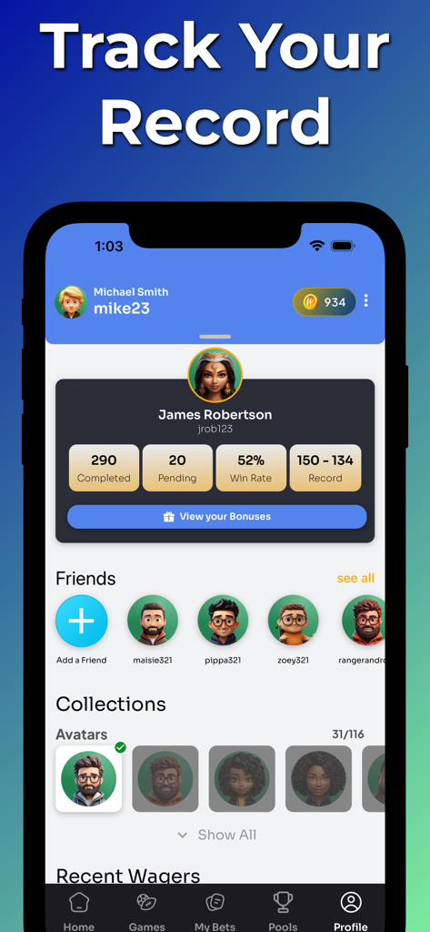 A mobile app profile screen showing sports betting win rates, total wagers, and a friends list.