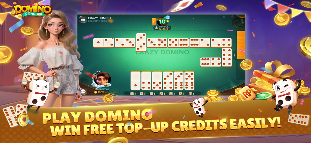 Conquer Domino - A screenshot of Conquer Domino gameplay showing a match of Crazy Domino on a green table with gold coins and animated characters.