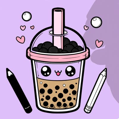 realistic bubble tea with a cute face