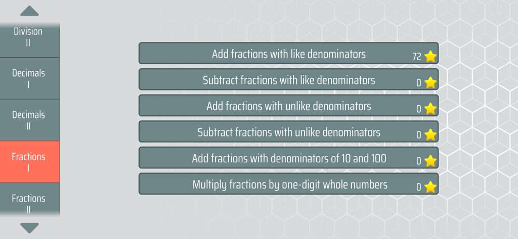 Math Shot Mathematics app screen showing a menu of fraction lessons including addition and subtraction topics