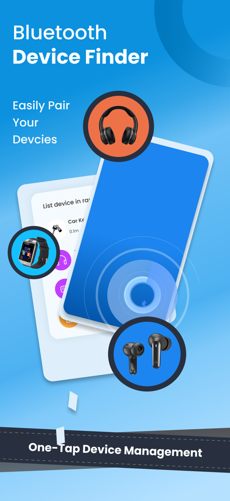 Bluetooth Finder - Scanner - Bluetooth finder and scanner app showing a device tracking radar for headphones and smartwatches.