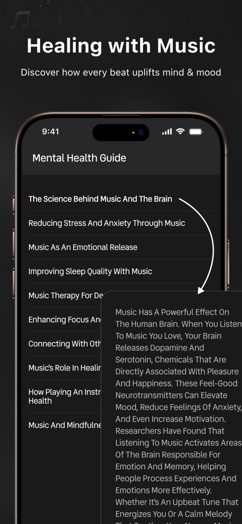 RYT Music Player app mental health guide screen displaying healing with music topics.