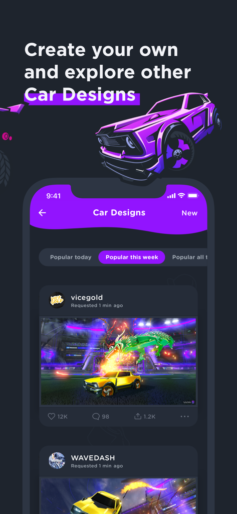 A mobile screen showing the Car Designs community feature where users can create and explore custom Rocket League car styles