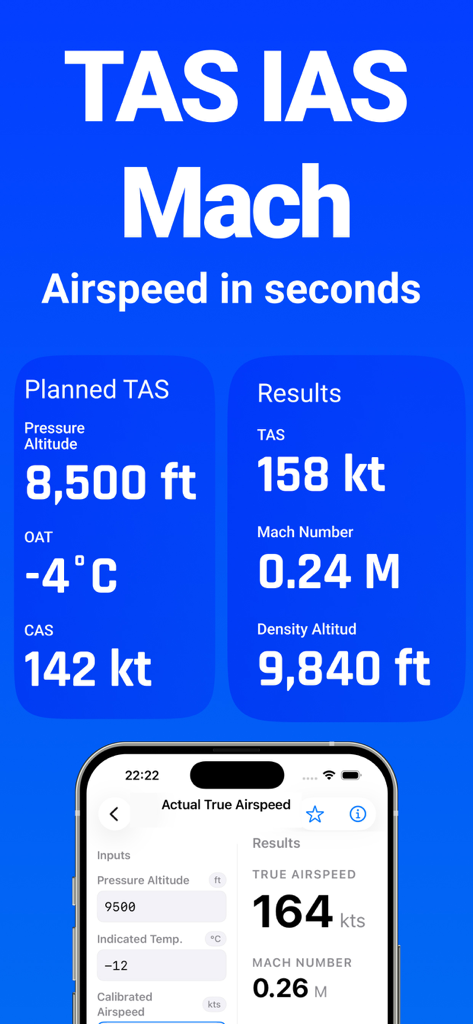 E6B - Flight Computer - E6B flight computer app interface for calculating True Airspeed TAS and Mach number