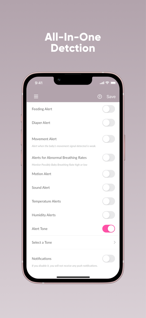 iBaby Care App - Smartphone screen of the iBaby Care App showing all-in-one detection alert settings for motion sound and temperature