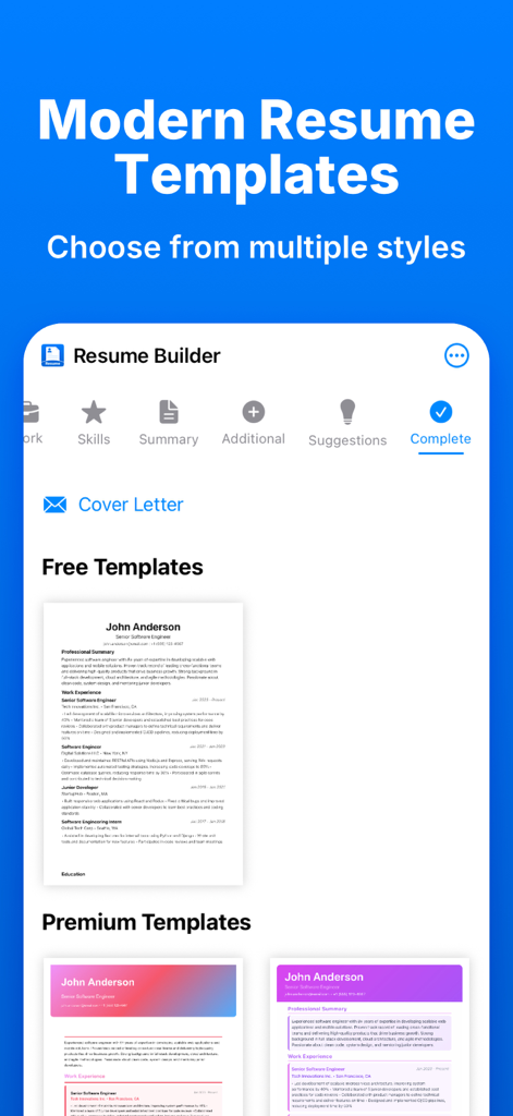 Resume Builder - AI CV Maker - Selection of modern and professional resume templates in the AI CV Builder app
