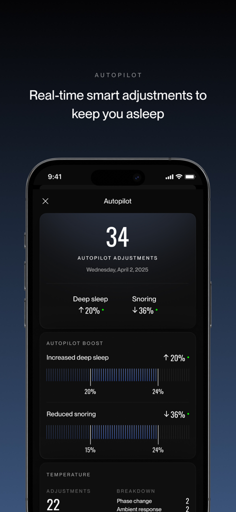 Eight Sleep - Eight Sleep app interface showing Autopilot adjustments for deep sleep and snoring reduction