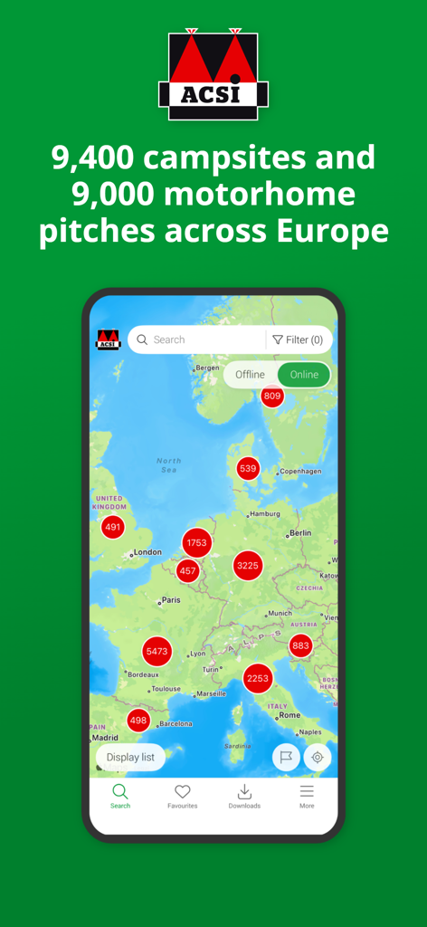 Map of Europe showing campsite and motorhome pitch availability in the ACSI app
