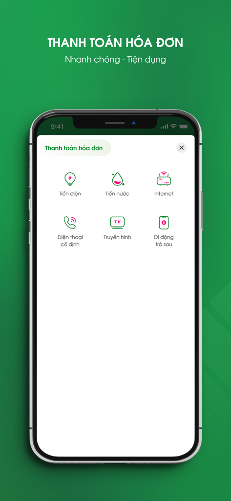 Tela de pagamento de contas do aplicativo móvel VBSP SmartBanking, incluindo serviços de eletricidade, água e internet
