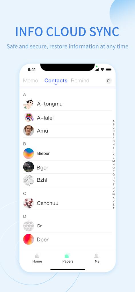 Mobile app interface showing contact list synchronization with the cloud for data recovery