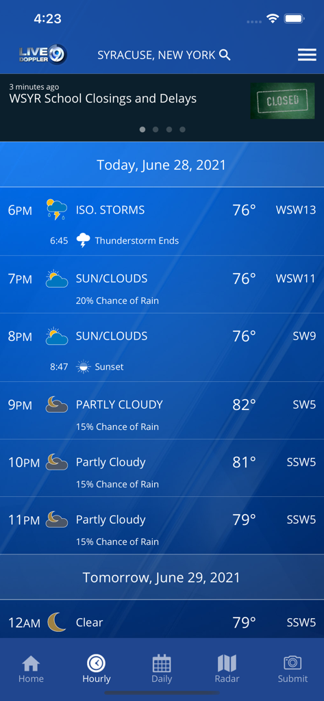 Hourly weather forecast for Syracuse New York on the WSYR Storm Team mobile app interface showing temperatures and conditions