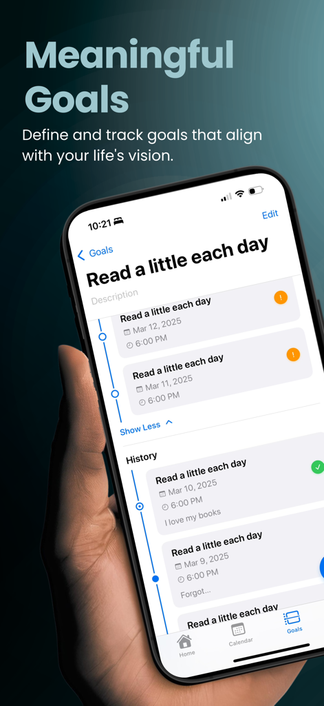 Strive Planner mobile app showing a meaningful goals tracking interface with a daily reading habit timeline