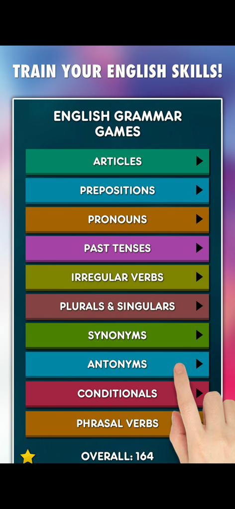 English Grammar Games 10-in-1 - A mobile screen displaying a list of ten different English grammar games and topics
