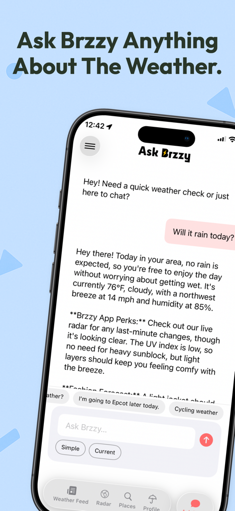 Brzzy Weather - Interfaz de chat de IA conversacional en la aplicación Brzzy Weather que proporciona una respuesta detallada de la previsión meteorológica.