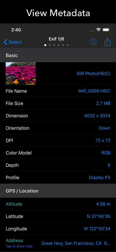 Metadata viewer showing image details and GPS location coordinates in the EXIF Tool app