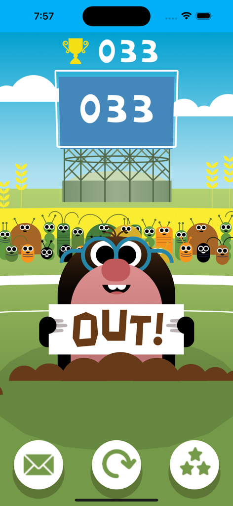 Doodle Cricket - Cricket Game - A cartoon mole holding an OUT sign on the cricket field in Doodle Cricket game