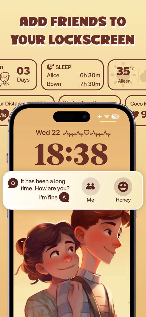 WidgyPal - Live Notes Widgets - An iPhone displaying the WidgyPal app featuring custom lock screen widgets for friend status updates messages and sleep tracking