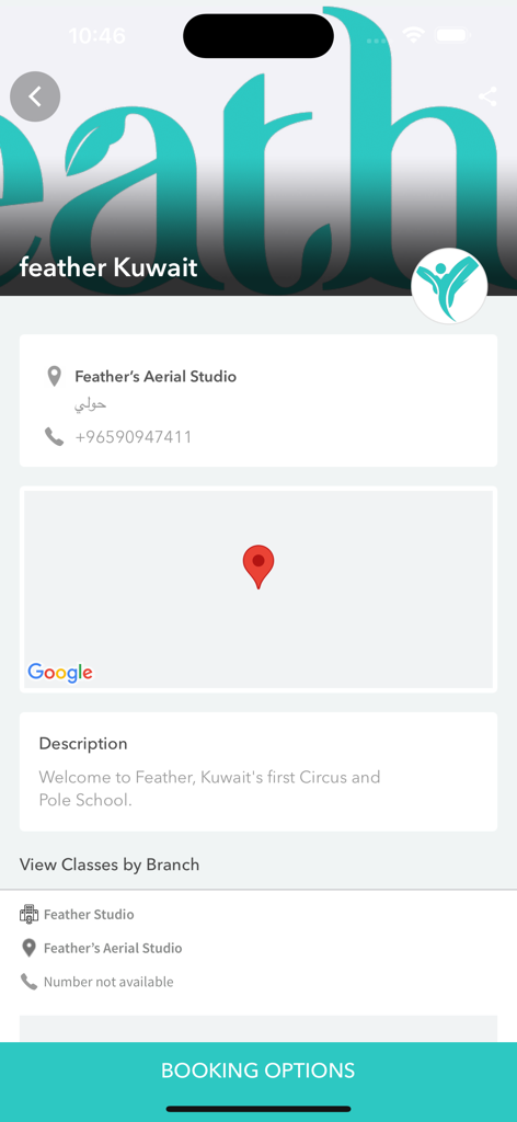 Feather app interface showing studio location, Google Map, and circus school description.