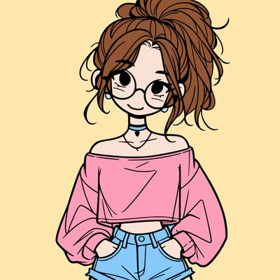 girl with a messy ponytail glasses a baggy crop top and jean shorts