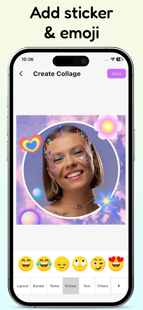 Oberfläche der mobilen App, die die Bearbeitung eines Fotos mit bunten Stickern und Emoji-Auswahl zeigt