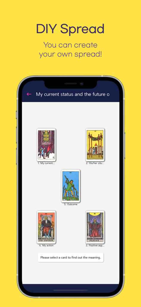Answer Me Tarot Card Reading - Uma tela de celular mostrando um layout de tiragem de tarot DIY personalizado com cinco cartas em um fundo amarelo brilhante.
