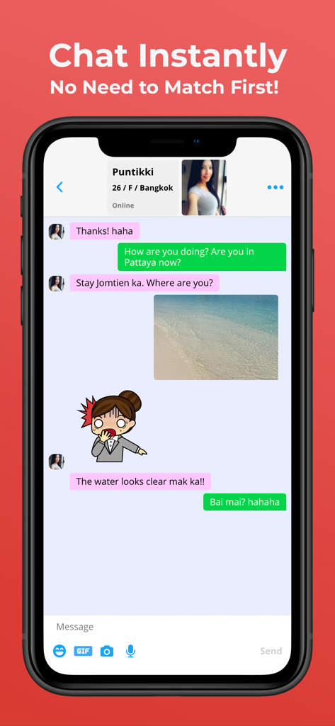 ThaiFriendly Dating - A smartphone display showing the ThaiFriendly Dating app chat interface with a conversation and photos.