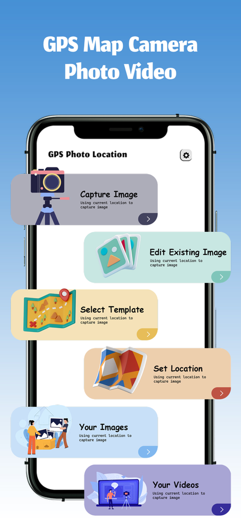 GPS Map Camera - Geo Timestamp - Main interface of the GPS Map Camera app showing options for capturing images, editing photos, and selecting templates