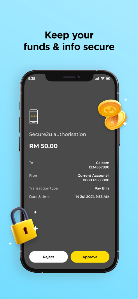 MAE by Maybank2u app screen showing a Secure2u transaction authorization for a bill payment with approve and reject buttons