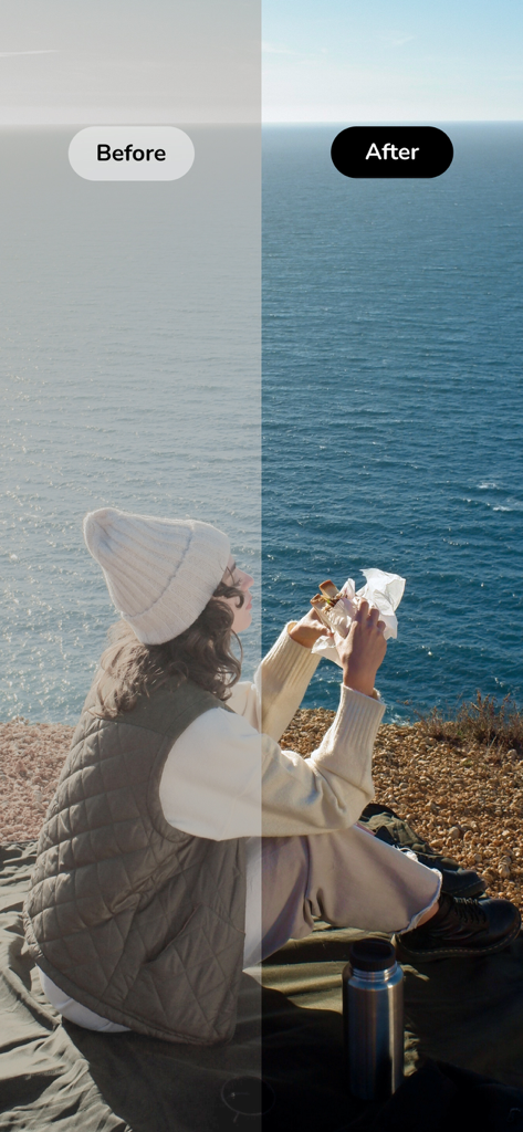 A comparison showing a travel photo before and after applying a vibrant Lightroom preset.