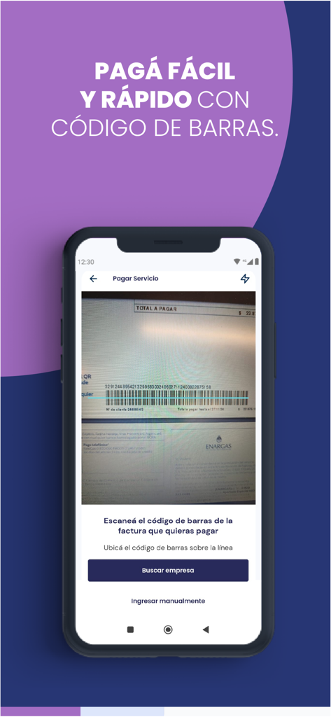Billetera Santa Fe - Bildschirm der Billetera Santa Fe App, der ein Smartphone beim Scannen eines Barcodes auf einer Dienstleistungsrechnung zur einfachen Bezahlung zeigt