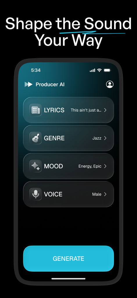 Producer AI Song & Music Maker - Smartphone screen showing the Producer AI music creation interface with options for lyrics genre mood and voice