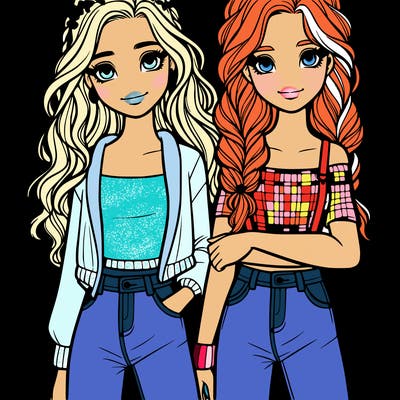twin teenage sisters, one a girl with wavy hair and one girl with plaits and jeans