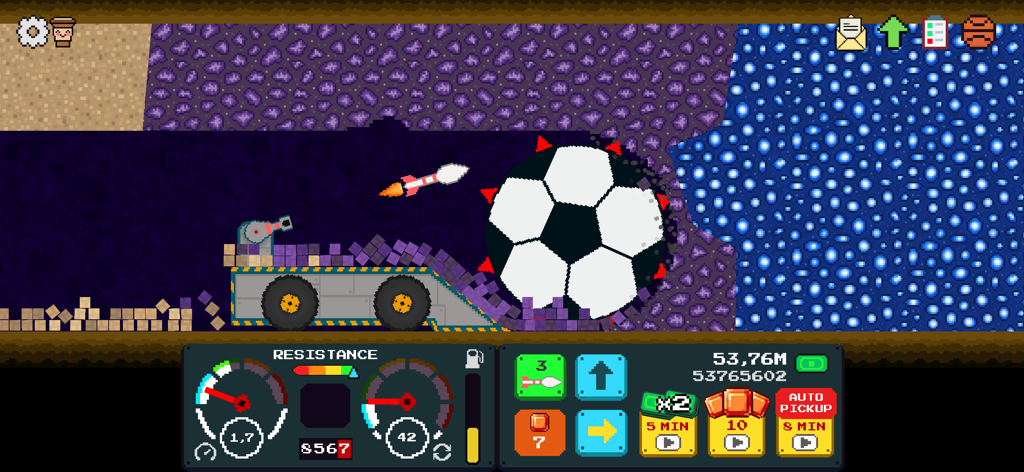 Mystery Digger - A vehicle with a large soccer ball drill excavating through colorful mineral layers in the game Mystery Digger.