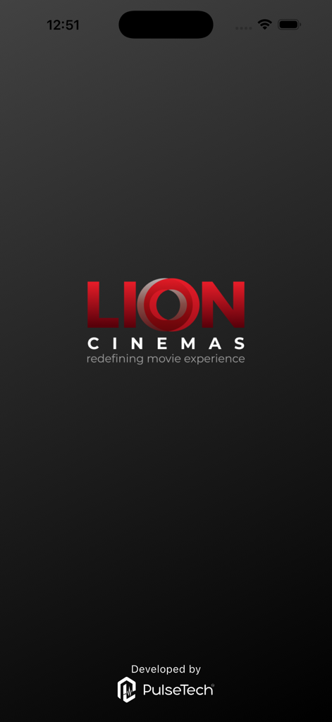 Lion Cinemas app splash screen with logo and tagline