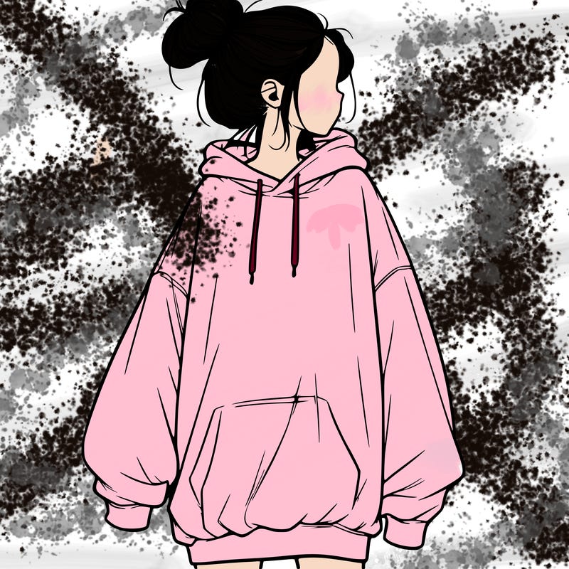 realistic girl with a oversized sweatshirt on and a bun