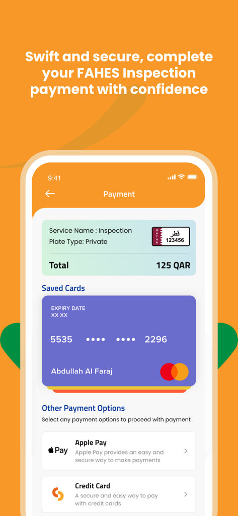 Secure payment screen in the WOQOD app for a FAHES car inspection showing saved card and Apple Pay options