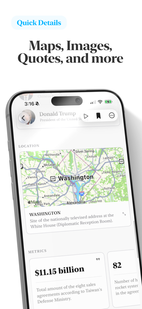 Interface of the Quill Newsletter app showing quick details like maps and metrics for news stories