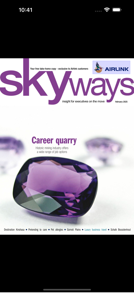 Front cover of Skyways magazine February 2025 issue featuring a large purple gemstone and the headline Career Quarry.
