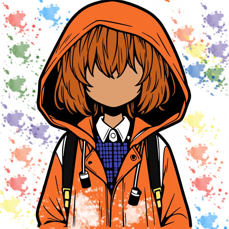 little anime girl in a raincoat her hair is covering her eyes she has a lighter