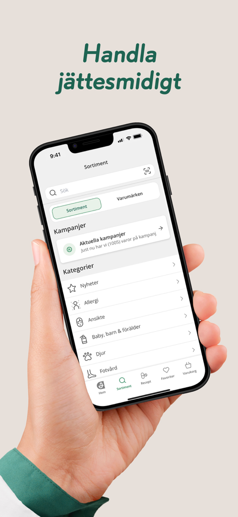 Apoteket - A smartphone screen displaying the Apoteket app assortment page with categories for allergy, face care, baby, and pets.