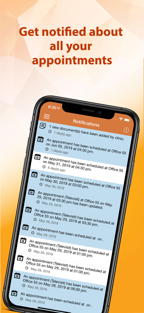 IMS Patient App notification screen displaying a list of scheduled medical appointments and document updates.